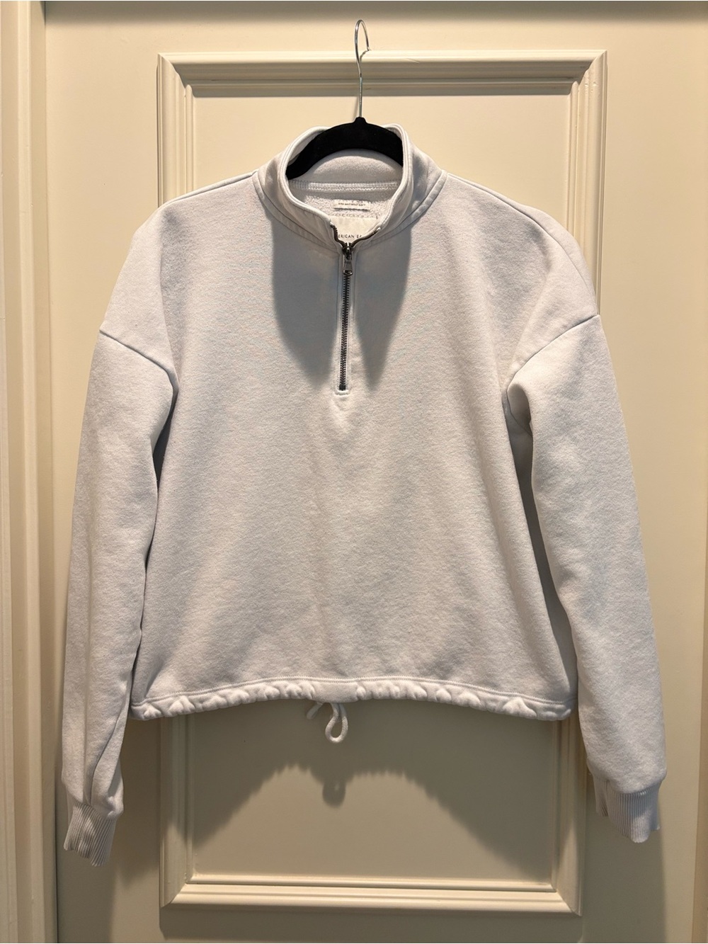 American Eagle White Quarter-Zip Drawstring Pullover Sweatshirt